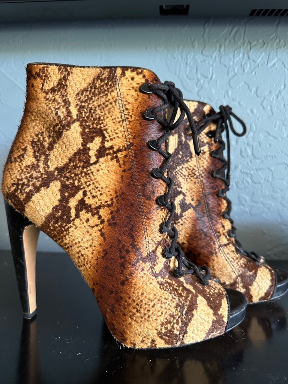 Sam Edelman Brown Snake-Print Lace-Up Peep-Toe Ankle Boots